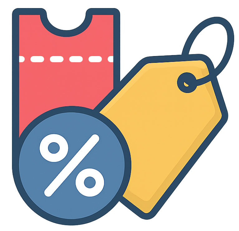 Deals and coupons icon with discount ticket and offer symbols