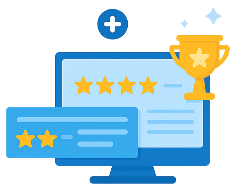 Software reviews icon with rating stars and feedback badges