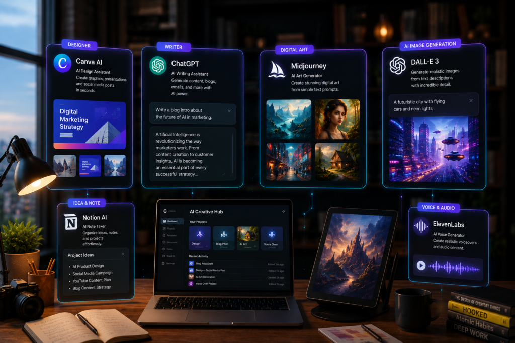 Modern AI-powered creative workspace featuring tools like Canva AI, ChatGPT, Midjourney, DALL-E 3, Notion AI, and ElevenLabs for content creation, digital art, writing, and AI image generation