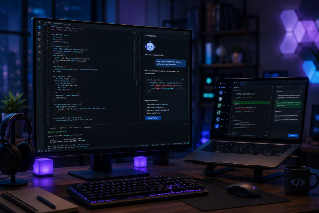 Futuristic developer workspace featuring AI coding assistant tools, programming screens, code automation, debugging, and modern software development setup for developers