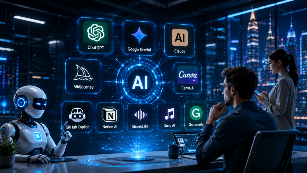 Explain What Are AI Tools with Futuristic AI dashboard showing popular AI tools like ChatGPT, Gemini, Claude, Midjourney, Canva AI, GitHub Copilot, ElevenLabs, Suno AI, Notion AI, and Grammarly interacting with humans in a modern workspace