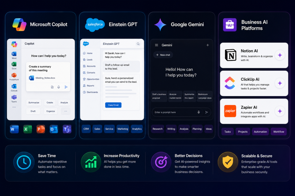 Business AI tools dashboard featuring Microsoft Copilot, Salesforce Einstein GPT, Google Gemini, Notion AI, ClickUp AI, and Zapier AI for productivity, automation, workflow management, and business operations