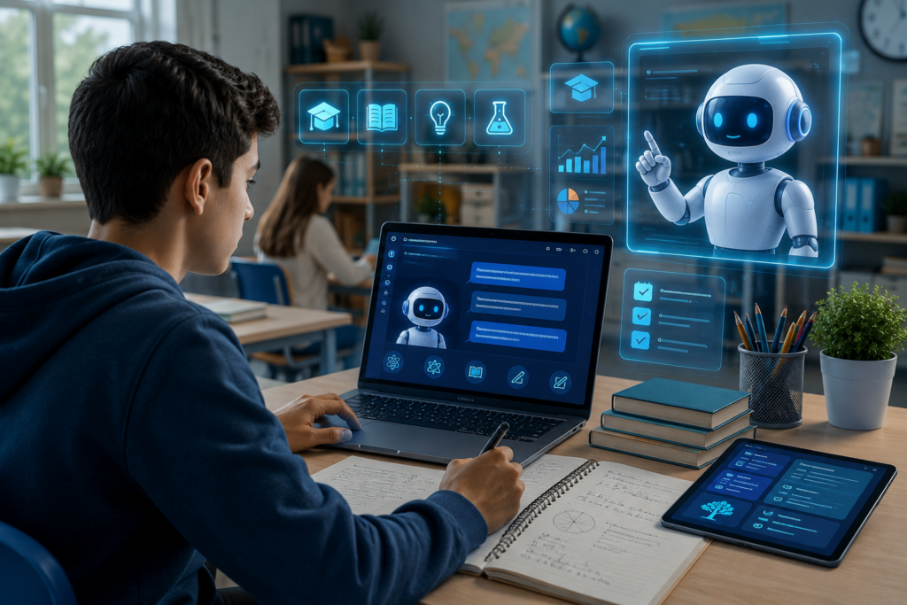 Student using an AI-powered tutor and smart classroom technology with interactive learning tools, digital education interfaces, and futuristic AI learning assistance