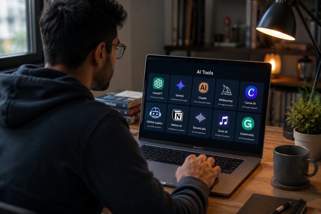 A person using popular AI tools like ChatGPT, Gemini, Claude, Midjourney, Canva AI, GitHub Copilot, ElevenLabs, Suno AI, Notion AI, and Grammarly on a MacBook in a modern workspace