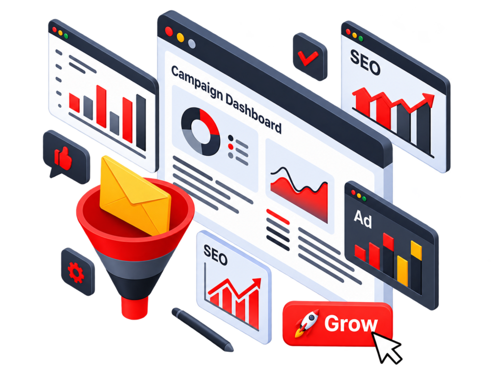 3D illustration of a digital marketing dashboard featuring SEO charts, email marketing funnel, and campaign tools for business growth